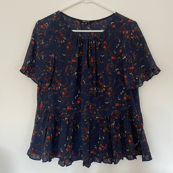 Madewell Tops - Madewell | Silk Stanza Ruffle Hem Top in Moonless Floral (Navy Blue)